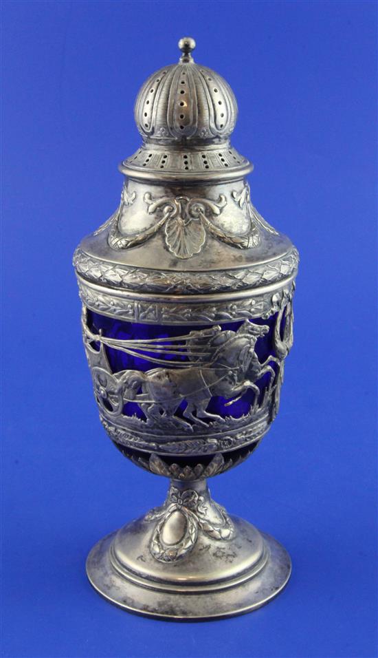 A late 19th/early 20th century German 800 standard silver neo-classical style vase shaped pedestal sugar castor, 10 oz.